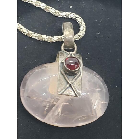 Sterling Silver 925 Rose Quartz & Garnet Cabochon Necklace On Snake Chain - Picture 9 of 13